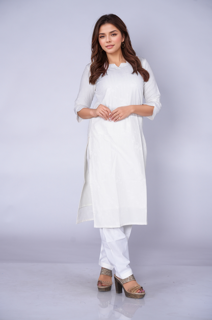 White Self printed Cotton Kurti