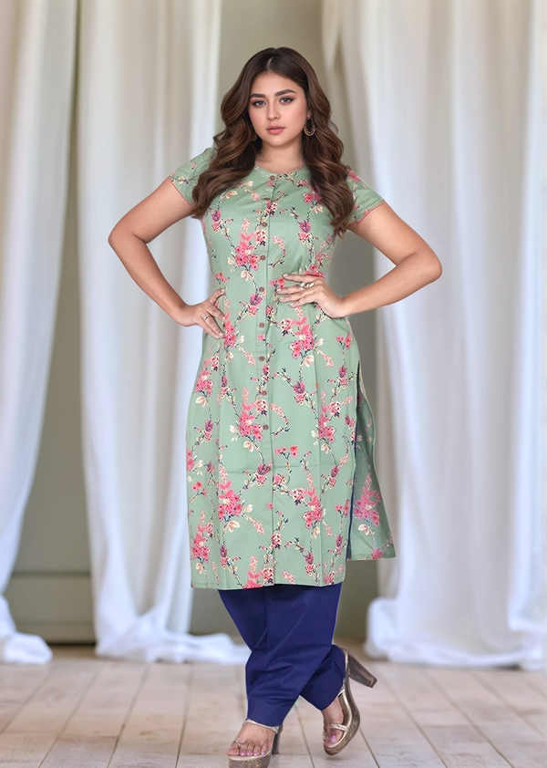 Green with Navy Blue and Peach Floral Kurti