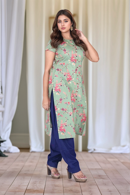 Green with Navy Blue and Peach Floral Kurti