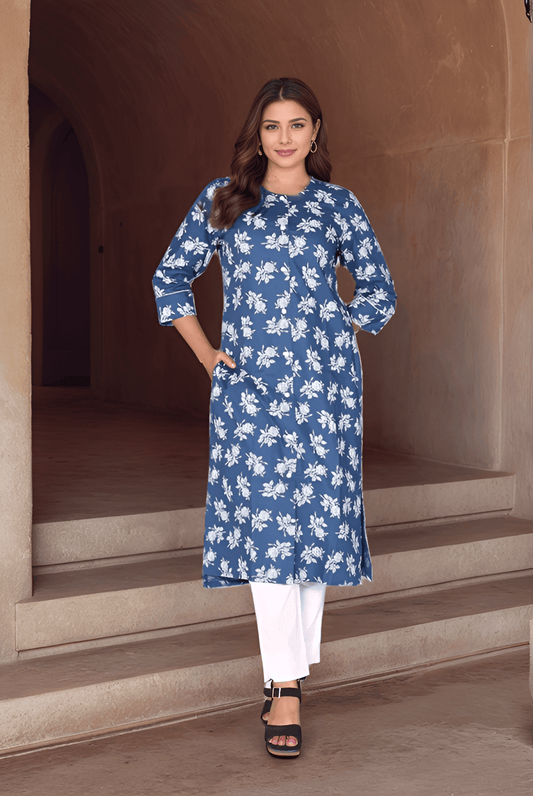 Premium Blue with white floral print kurti