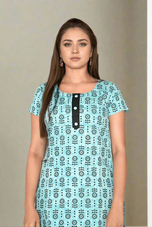 Seagreen with Black Geometric Printed Kurti