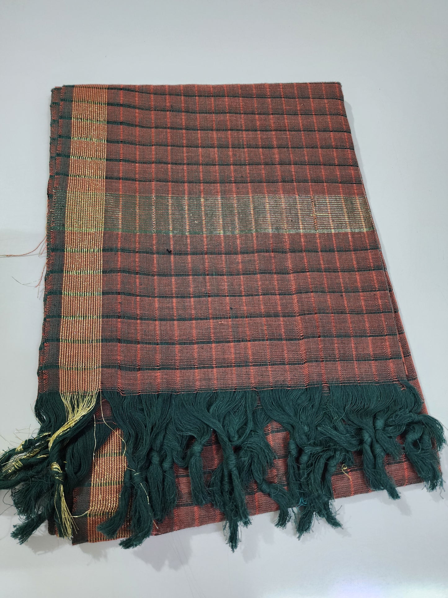 Handloom Cotton bottle green Maroon checks Dupatta