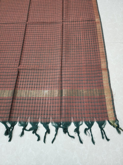 Handloom Cotton bottle green Maroon checks Dupatta