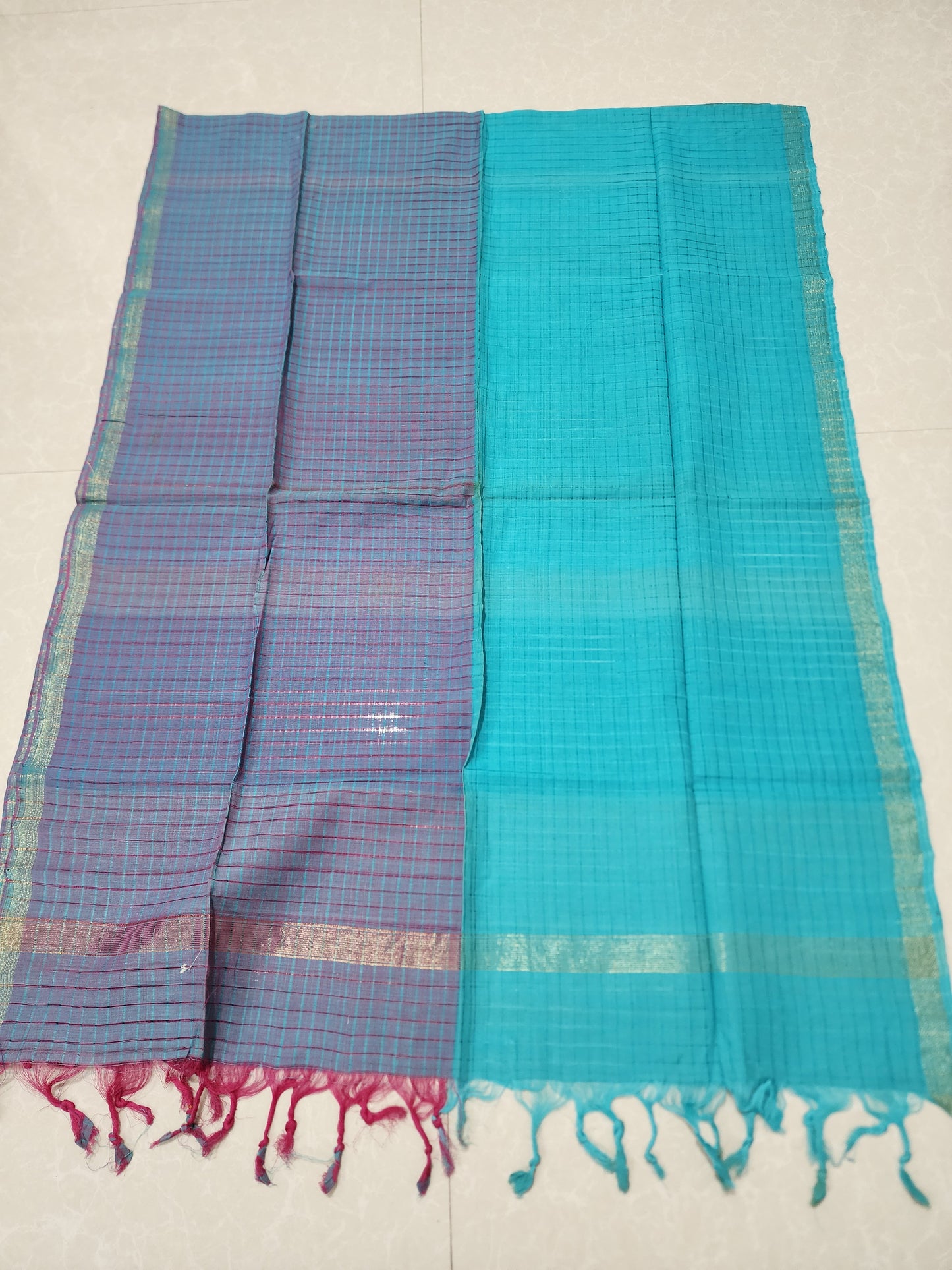 Handloom light and dark blue checks Dupatta