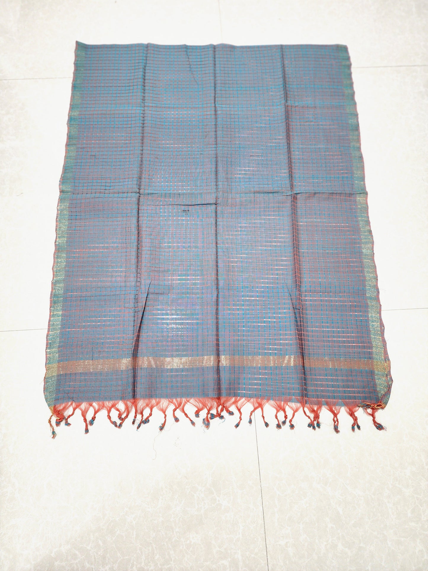 Handloom Cotton Blue Peach Dupatta
