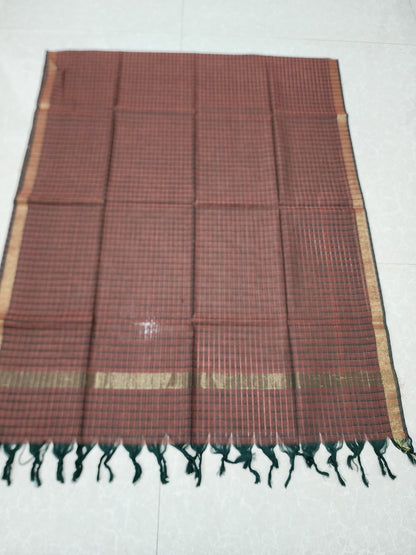 Handloom Cotton bottle green Maroon checks Dupatta