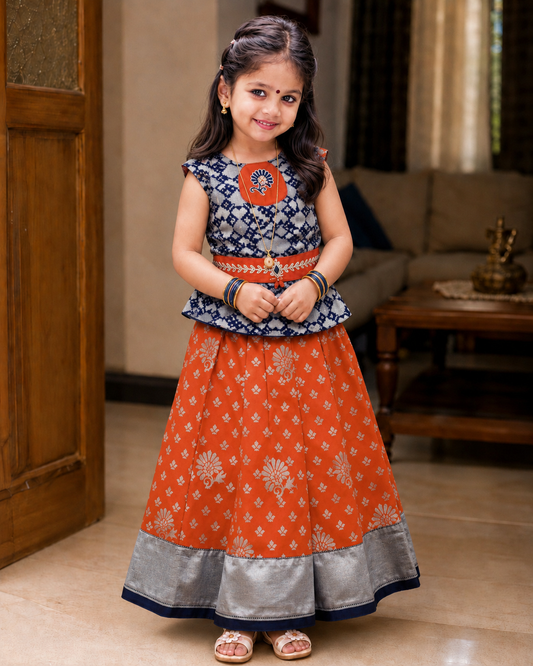 Banaras Dark Orange Blue Lehenga Set