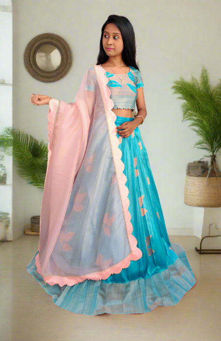 Chanderi Lahenga Light Blue & Tan Color