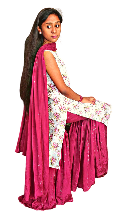 Floral White with Wine Colour Sharara Set