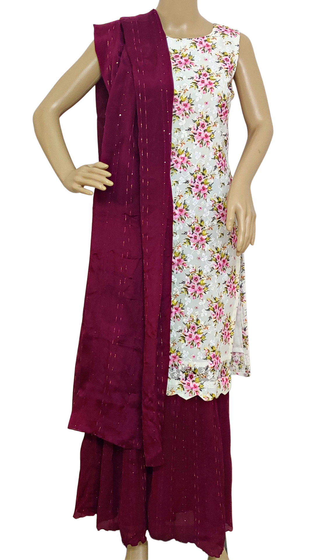 Floral White with Wine Colour Sharara Set