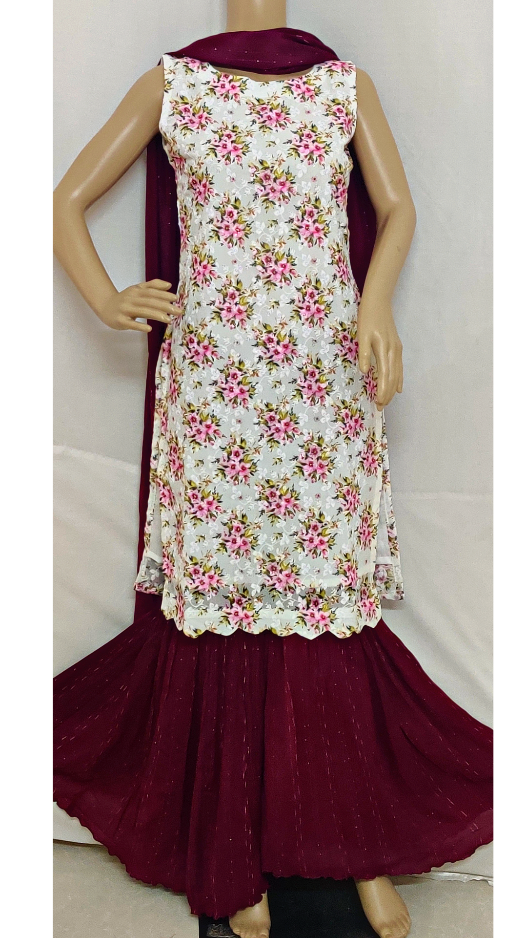 Floral White with Wine Colour Sharara Set